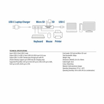 ACT AC7050 3-Poorts USB-C 3.2 Gen1 (USB 3.0) Hub met kaartlezer en PD Pass-Through poort