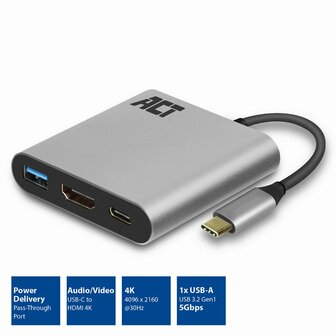 ACT AC7022 USB-C naar HDMI female adapter met PD Pass-Through 60W, 4K, USB-A