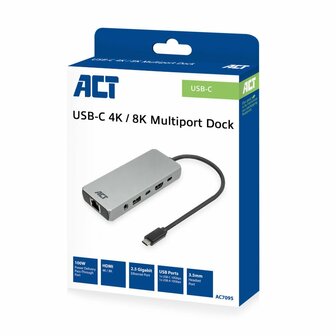 ACT AC7095 laptop dock &amp; poortreplicator Bedraad USB 3.2 Gen 1 (3.1 Gen 1) Type-C Grijs