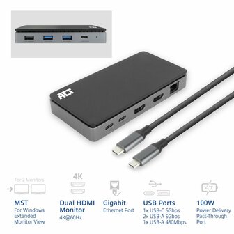 ACT USB-C 4K MST dockingstation voor 2 HDMI-monitoren, Ethernet, USB-C, 3x USB-A, PD passthrough en 1 meter lange afneembare USB-C-kabel