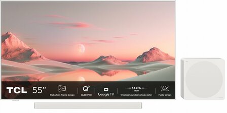 TCL NXTFRAME 55A300W Pro Wit QLED TV | 55&#039;&#039; Ultra HD 4K | Draadloze Soundbar en Subwoofer | Wi-Fi | Smart TV | Google TV | HDR10+ | 120Hz