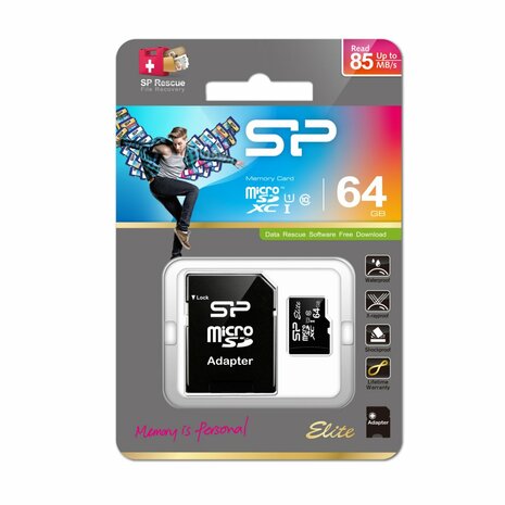 Silicon Power 64GB Elite MicroSDXC Class10 UHS-1 tot 85Mb/s incl. SD-adapter Zwart