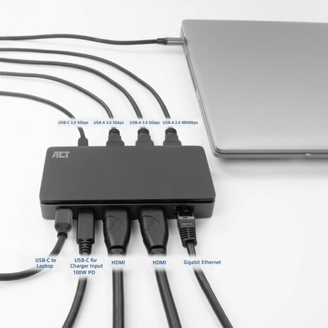 ACT USB-C 4K MST dockingstation voor 2 HDMI-monitoren, Ethernet, USB-C, 3x USB-A, PD passthrough en 1 meter lange afneembare USB-C-kabel