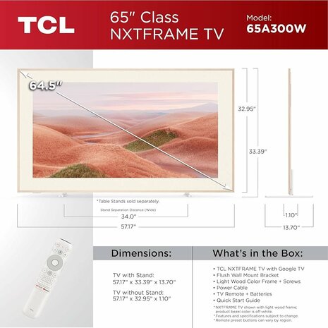 TCL NXTFRAME 65A300W Wit QLED TV | 65'' Ultra HD 4K | Wi-Fi | Smart TV | Google TV | HDR10+ | 120Hz